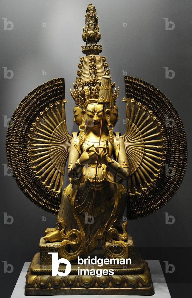 Sitatapatra, also known as Ushnisha Sitatapatra. Brass, casting, hammering, turquoise and coral inlays, engraving. Inner Mongolia, 18th century.