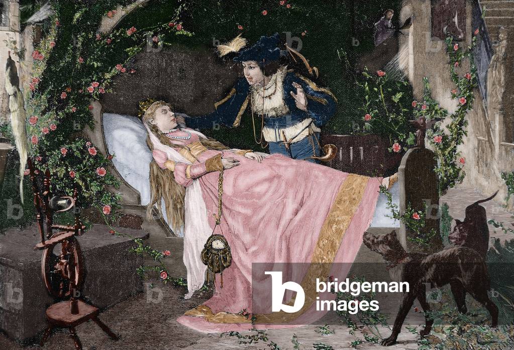 The Miracle of Love (The Prince Discovers Sleeping Beauty) - Colorised Engraving in The Iberian Illustration, 1885 (The Sleeping Beauty: The Miracle of Love - Engraving in The Iberian Illustration, 1885)
