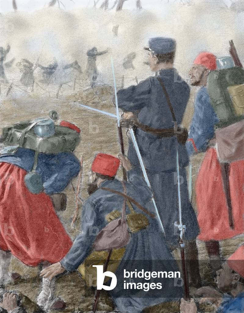 Use of choking smoke in attacks on French and British troops, May 1915 (colour litho)