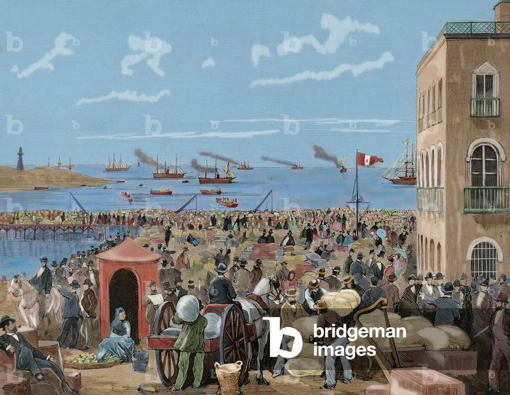 War of the Pacific (1879-1883). Chilean getting out after unlocking of the port of Iquique (Peru), 1879. Engraving. Later colouration.