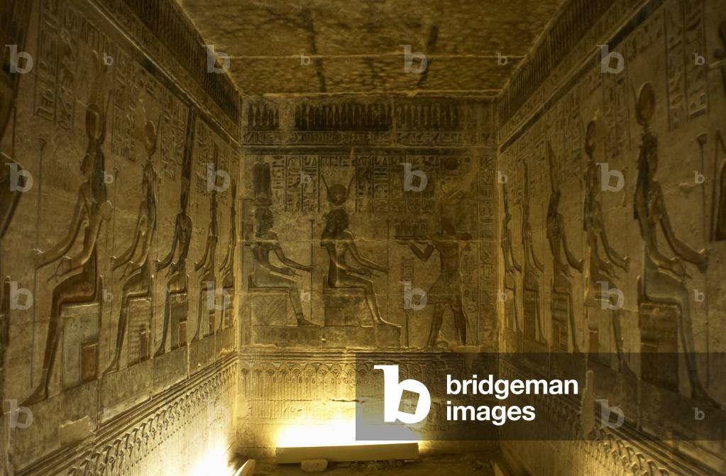 Ptolemaic temple of Hathor and Maat. Seated gods. Egypt.