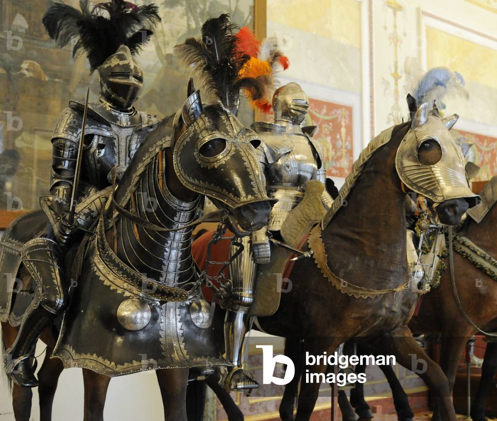 The State Hermitage Museum. The Knights' Hall. Knights in armor on horseback. 16th century. Saint Petersburg. Russia.
