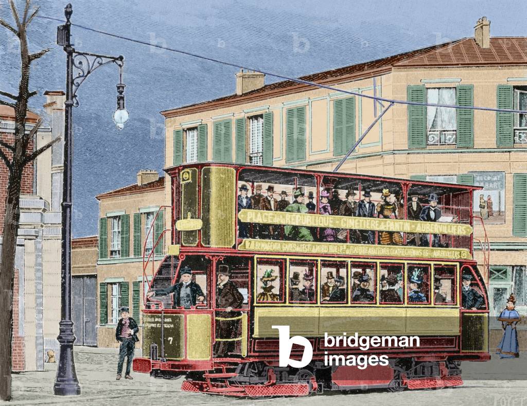 Electric tram. colourd (engraving)