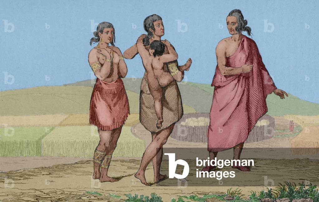 Indian women and old man. Engraving by Vernier, 19th century. Later colouration.