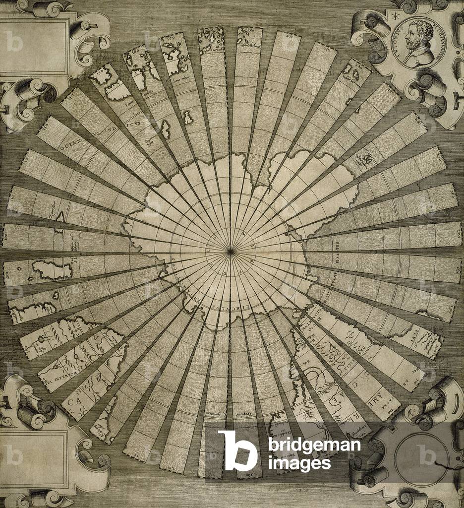 World map, South Pole, Map by Antonius Florianus, 16th century (engraving)
