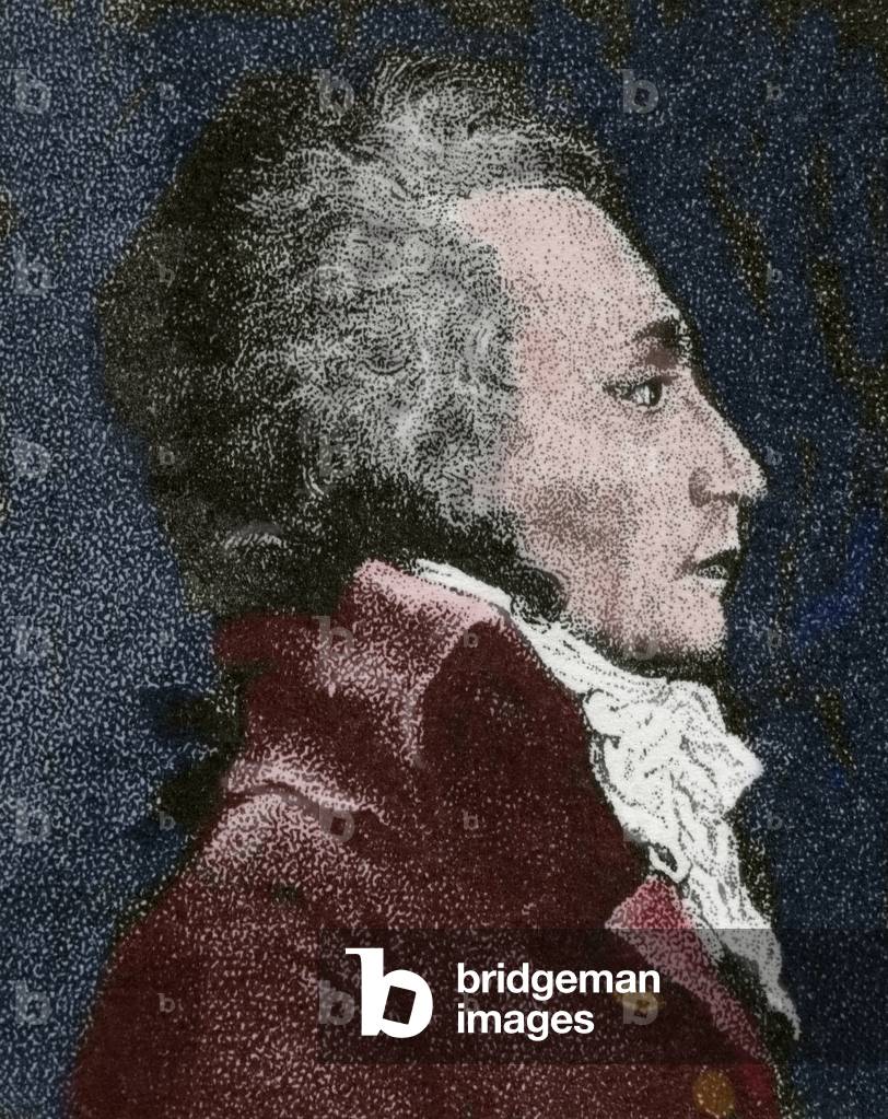 Maximilien Robespierre (1758-1794). Politician of the French Revolution. Lacobin (coloured engraving)