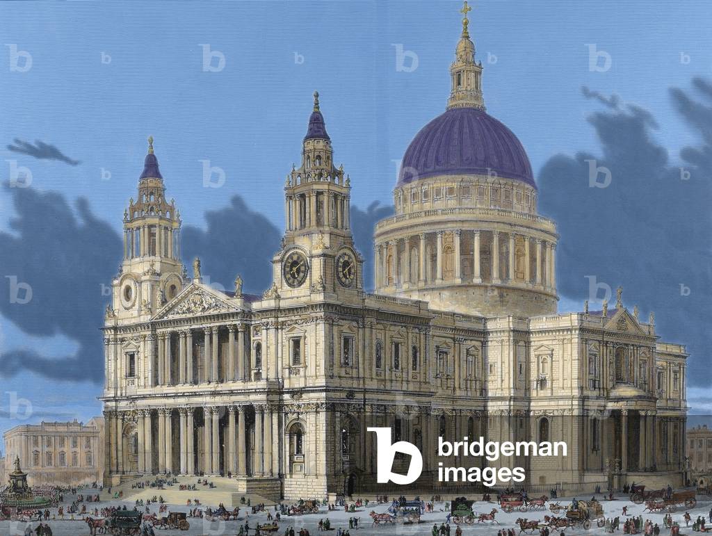 London. Saint Paul's Cathedral. Engraving. Colored.