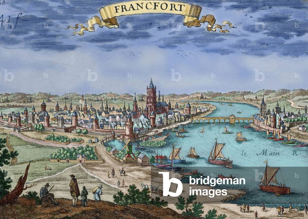 Panorama of Frankfurt (Germany) - Colorised engraving, 17th century - Frankfurt - Engraving, 17th century, Colored