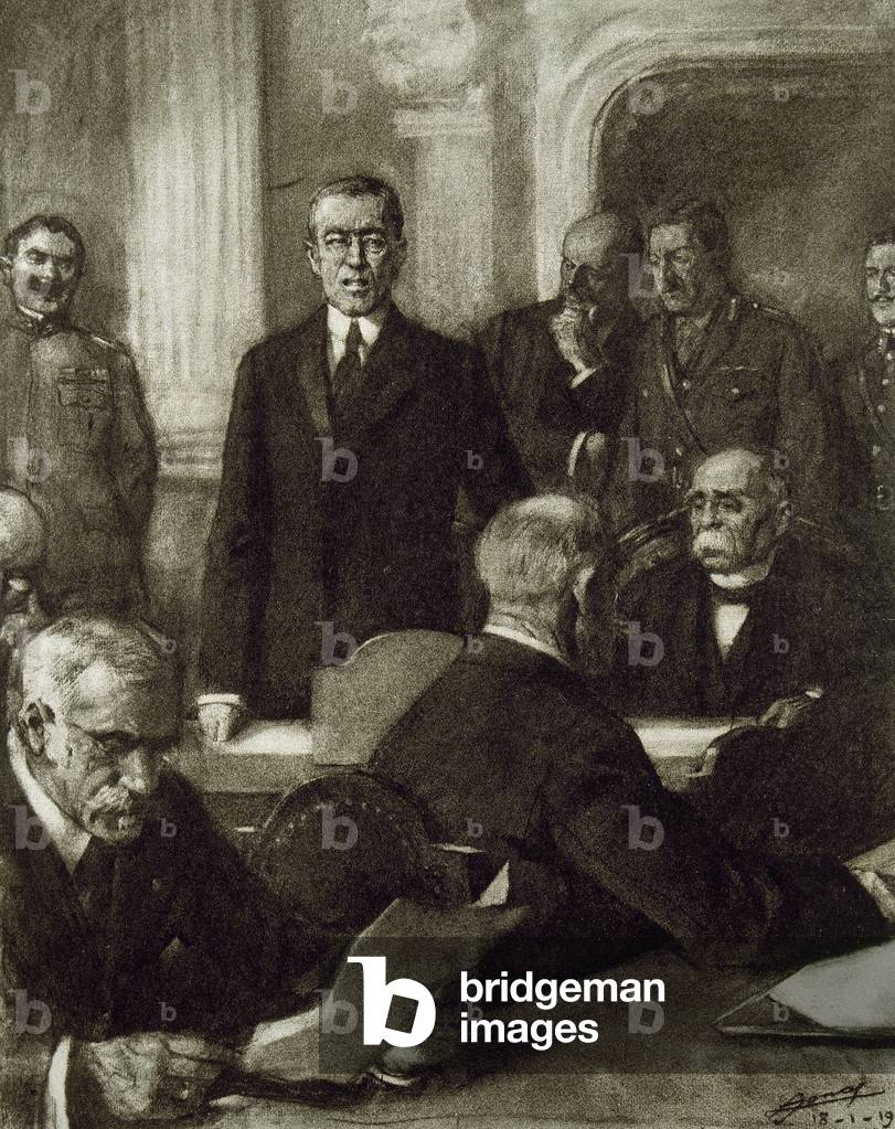 France, Paris Peace Conference, 1919,Thomas Woodrow Wilson (1856-1924) presenting George Clemenceau (1841-1929) as permanent head of the Conference (engraving)