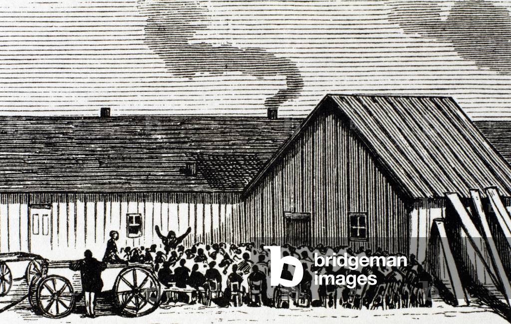 United States. Kansas. Mennonite religious service outside the hut. Engraving.