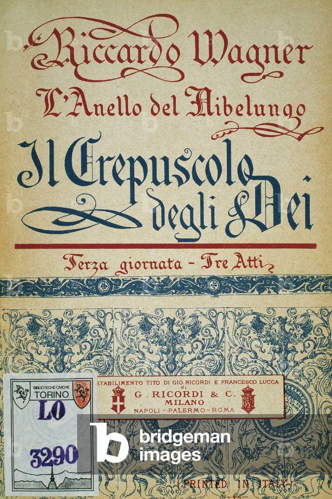Cover of the first edition of the libretto in Italian “Il crepuscolo degli dei “(The Dusk of the Gods, in all. Gotterdammerung) one of the four operas by Richard Wagner (German composer, 1813-1883) constituting “The Ring of the Nibelung”, composed between 1869 and 1874. Turin discotheque.