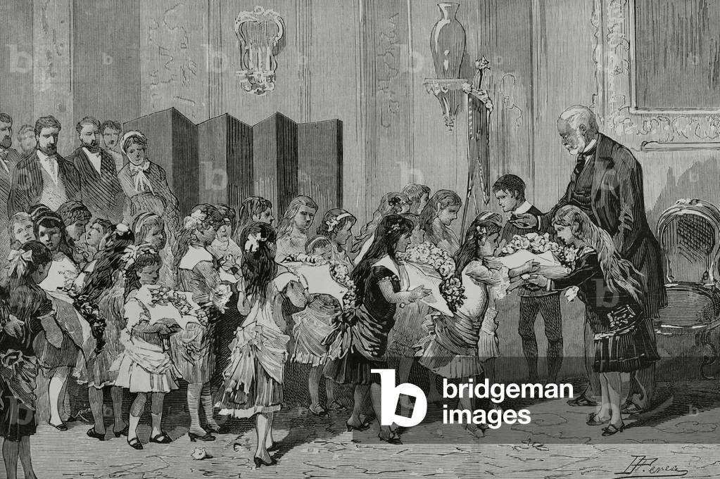 Victor Hugo receiving the girls' commission at his home, Paris. Engraving, 1881.