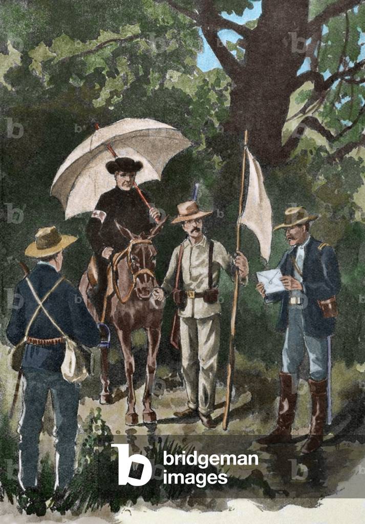 Spanish-American War, 1898, White flag after the battle of El Caney (colour engraving)