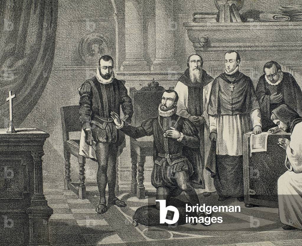 Philip II of Spain (1527-1598). House of Habsburg. King imploring God. Engraving. 19th century.