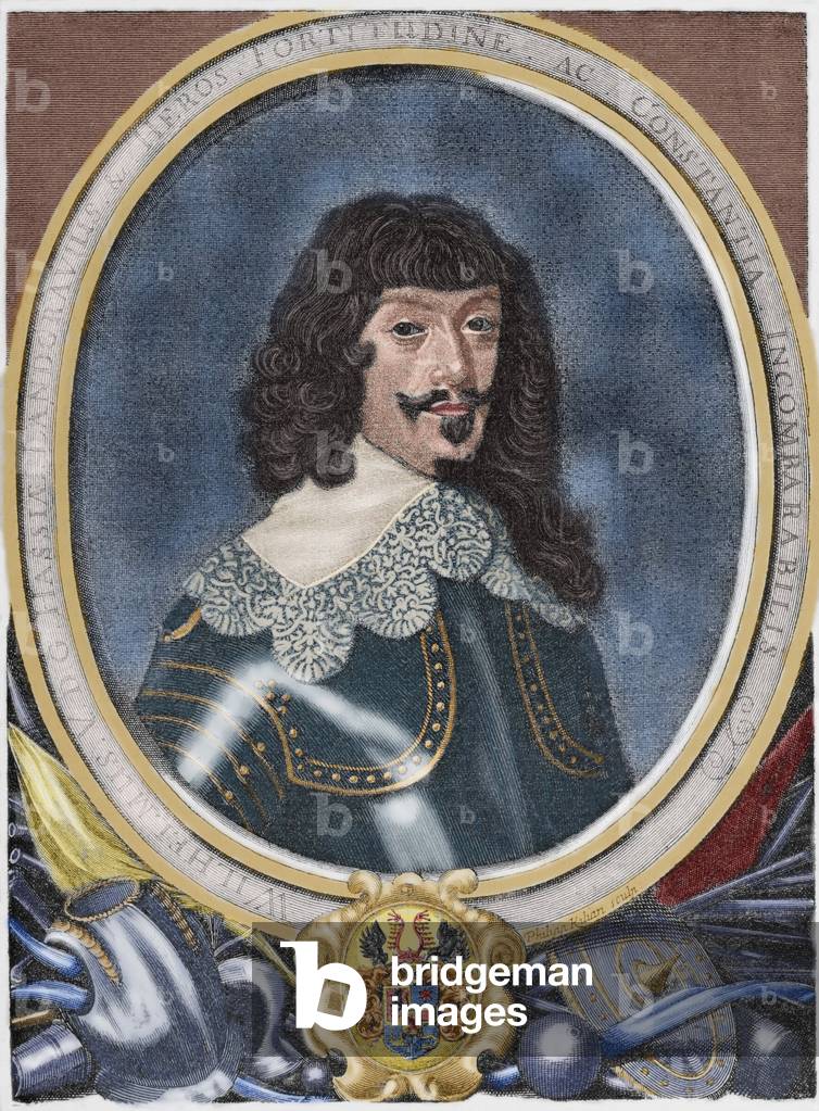 Portrait of William V of Hesse Kassel (1602-1693), said the Farm, landgrave (German prince) of Hesse-Kassel - Colorised engraving by Philipp Kilian (1628-1693), from Universal History, 1885 - (William V of Hesse-Kassel (1602-1693) - Engraving by P. Kilian, in The Universal History, 1885)