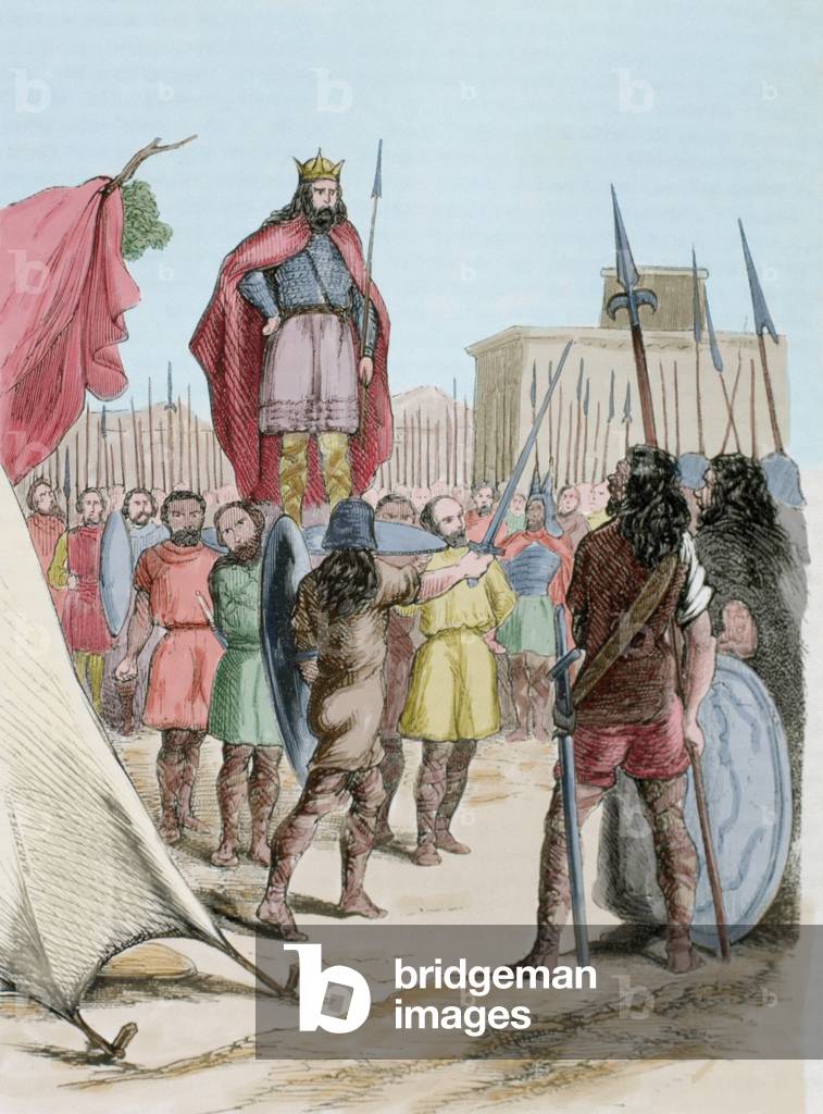 Wamba (died 687) is elected the King (colour engraving)