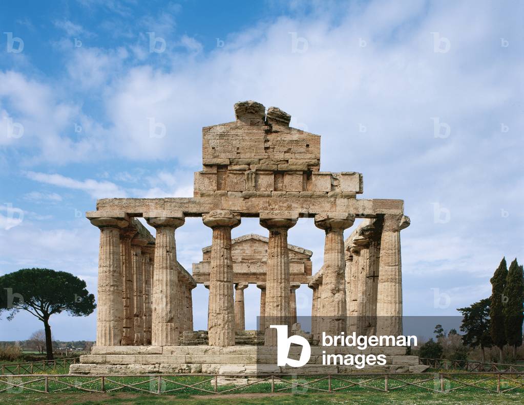 Paestum. Temple of Athena. It was built around 500 BC. Facade. Outside.