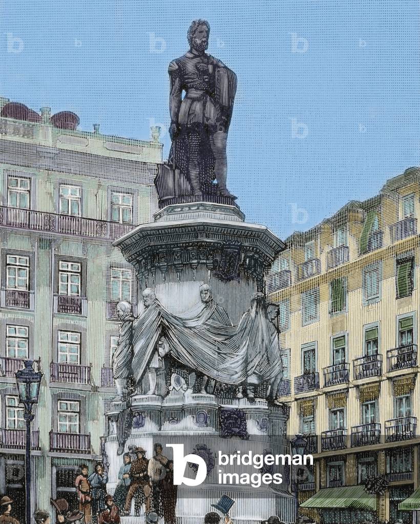 Luis de Camoes (1524-1580). Portuguese poet. Monument in Lisbon (colour engraving)