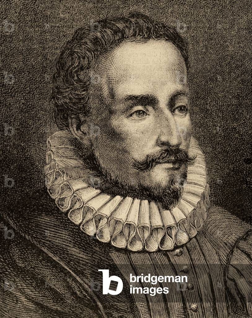 Miguel de Cervantes (1547-1616). Engraving.