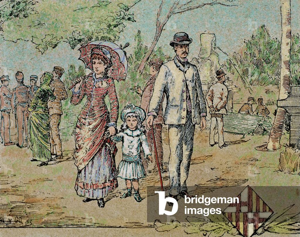 Family walking. Barcelona. Catalonia. Spain. 1885. Engraving.