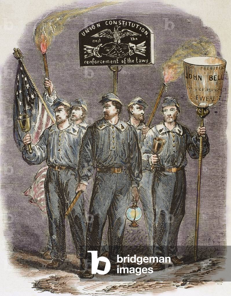 The supporters of John Bell (1796-1869), candidate of the Union's constitutional party (or Bell Everett's party) for the American presidential election of 1860. Colour engraving, 1860.