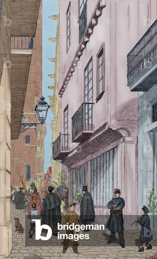 Spain. Barcelona. Freneria street on Palm Sunday. Drawing by Pellicer (1842-1901)