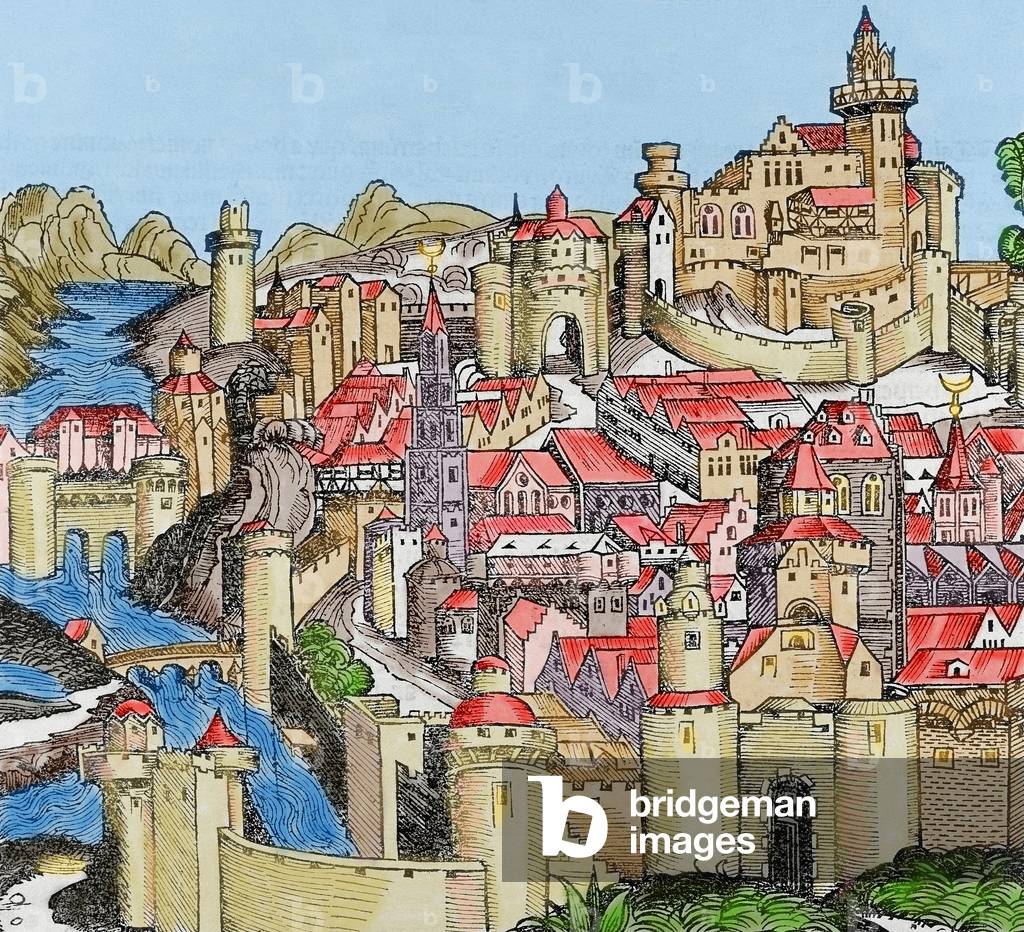 Italy. Pisa, 16th century (coloured engraving)