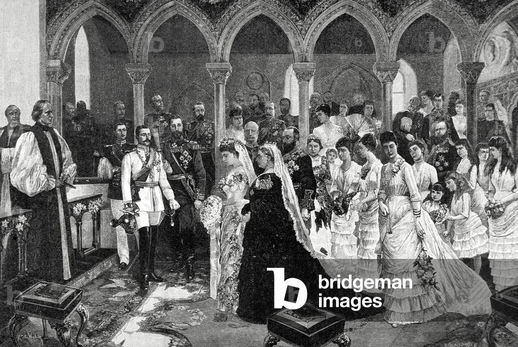 The Queen Victoria I of England at the wedding of the Princess Beatrice and Prince Henry of Battenberg on 23 July, 1885 (engraving)