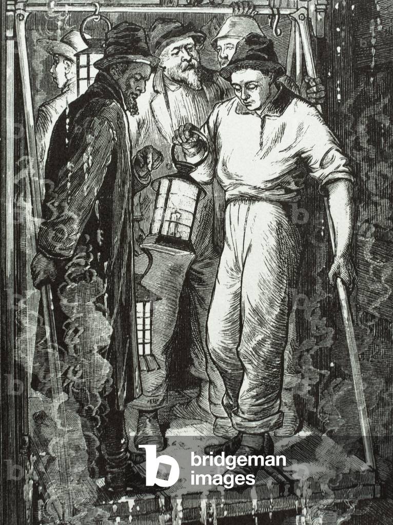 United States, Miners go down to the Consolidated Virginia mine (engraving)