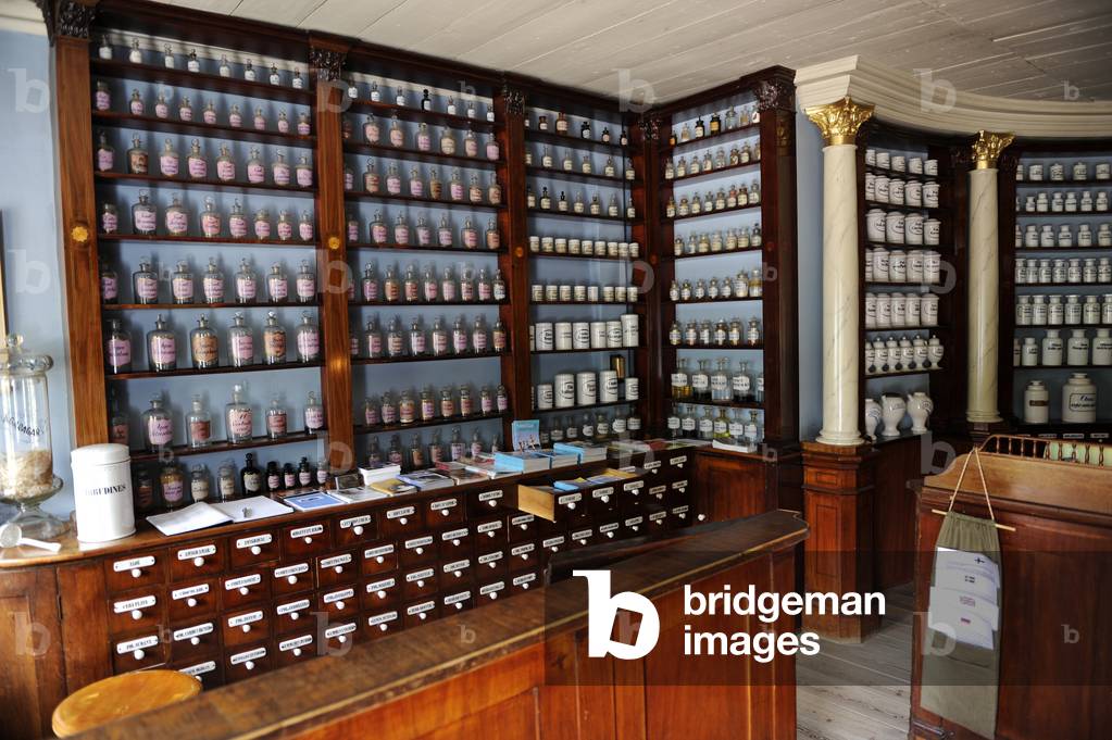 Finland. Turku. Pharmacy Museum and the Qwensel house. Collection of pharmacy utensils on display.