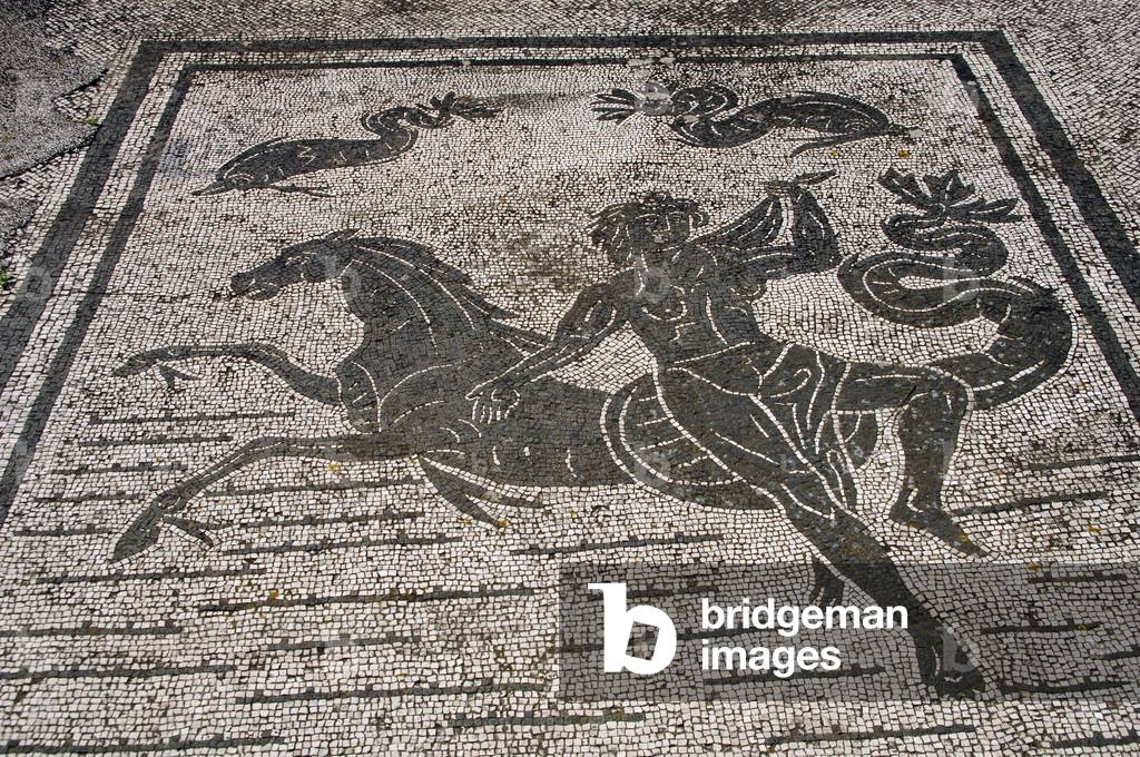 Ostia Antica. Square of the Guilds or Corporations. Mosaic depicting an Nereid with a sea-horse. Near Rome.