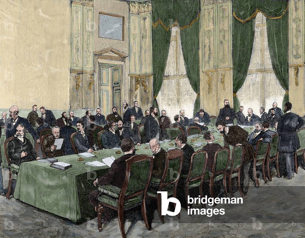 Session of the International Labor Conference. Berlin, Germany. Engraving. coloured.