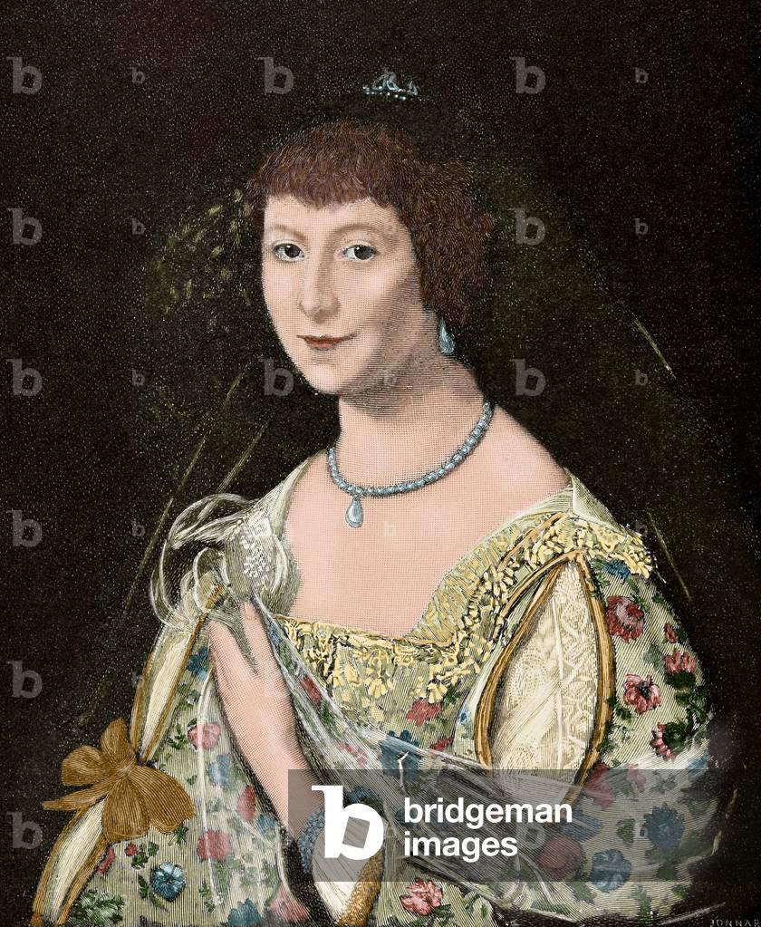 Portrait of Anne Stanley (1580-1647), Countess of Castlehaven - Colorised engraving from a painting by Cornelis Janssens van Ceulen (1593-1661), from the Iberic Illustration, 1891 - Lady Castlehaven - Engraving after a painting by Cornelis Janssens van Ceulen, The Iberian Illustration, 1891, Colored