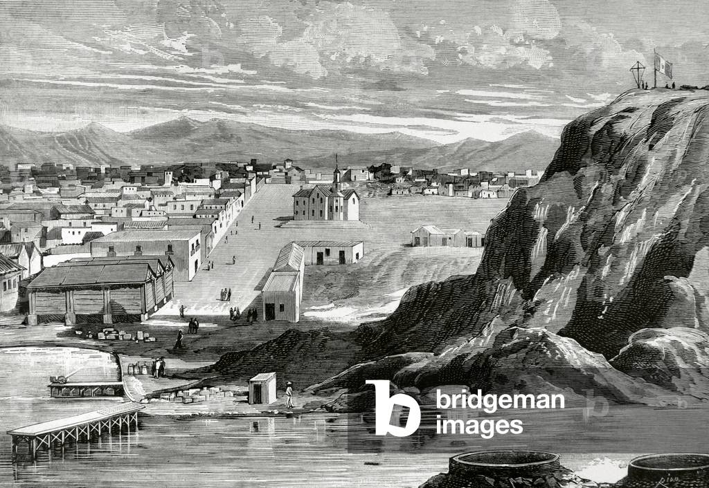 War of the Pacific.1879-1883. Port and city of Arica, Chile by Rico (engraving