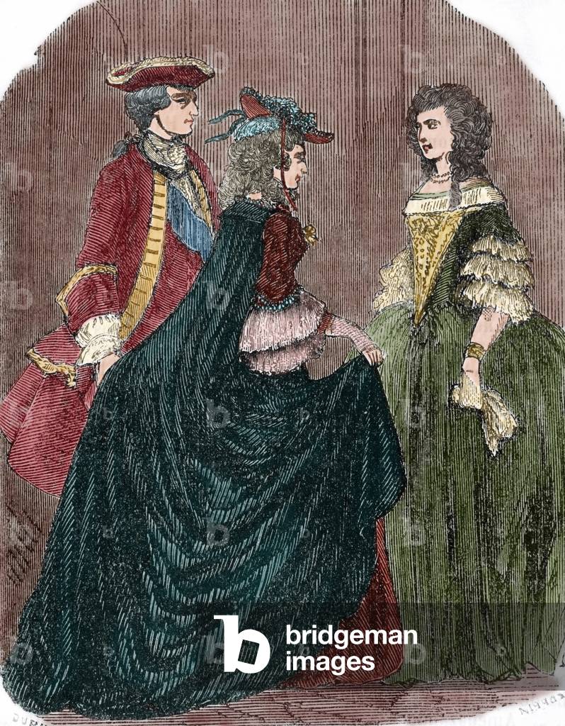 King Louis XV of France (1710-1774) and his mistress Marie-Anne of Mailly-Nesle(1717-1744), saying goodbye to the Queen Maria Leszczynska (1703-1768) (colour engraving)