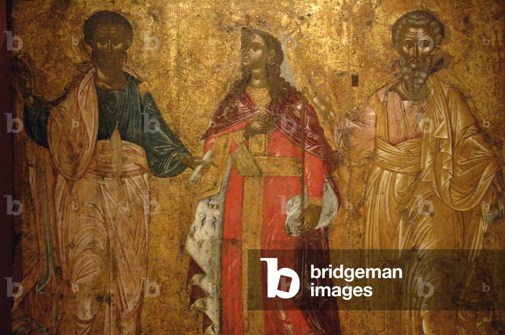 St. Jason, St. Sosipater and St. Kerkyra. Byzantine fresco. 17th century. Old Fortress Museum. Corfu. Ionian Islands. Greece.