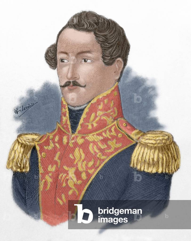 Francisco de Paula Santander (1792-1890). Colombian military and politician. Portrait (colour engraving)