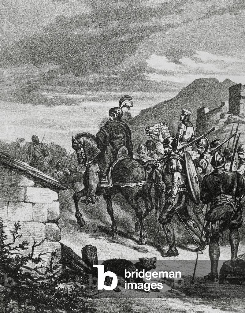 Spanish conquest of the Inca Empire Expedition of Francisco Pizarro  (1478-1541) into Peru, 1531-1532  (engraving)  (photo)
