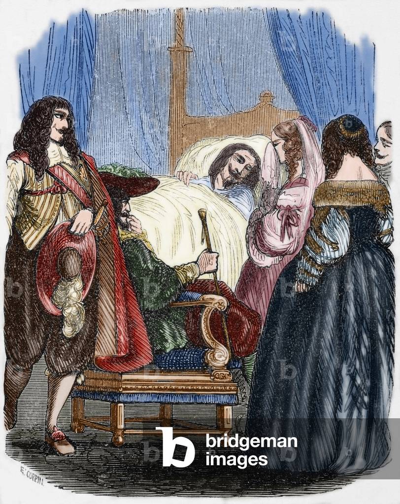 Death of Louis XIII (1601-1643). Engraving. coloured.