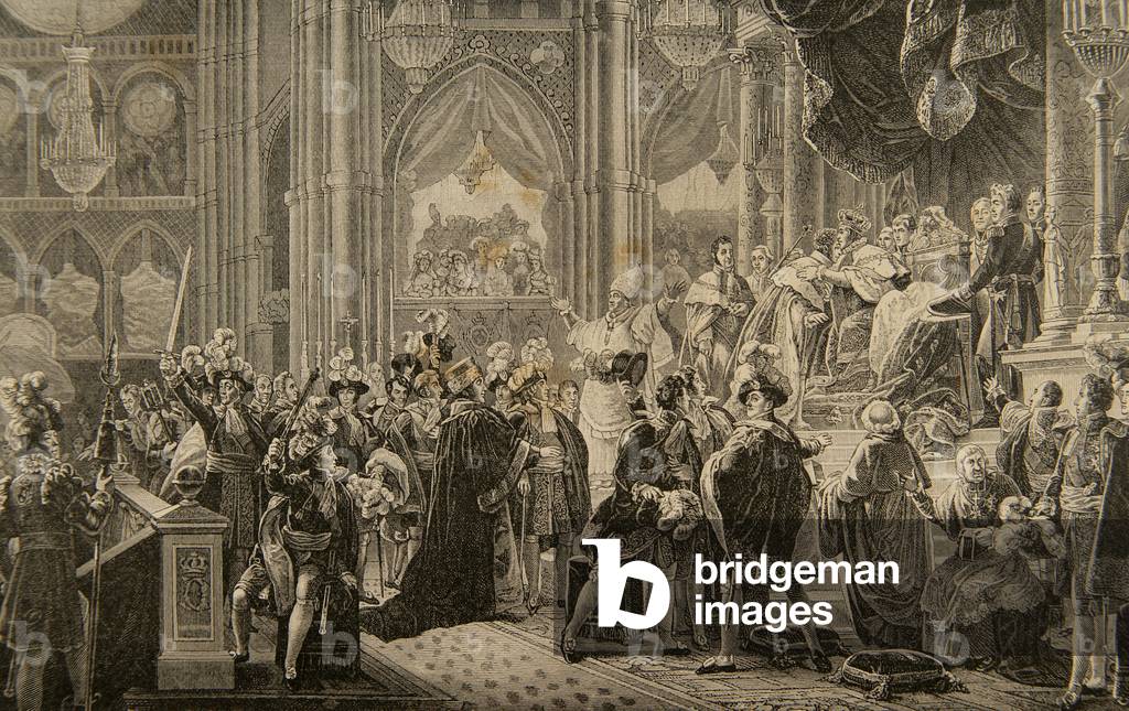 Consecration of king Charles X of France (1757-1826) in the Cathedral of Reims. May 29, 1825. Engraving.