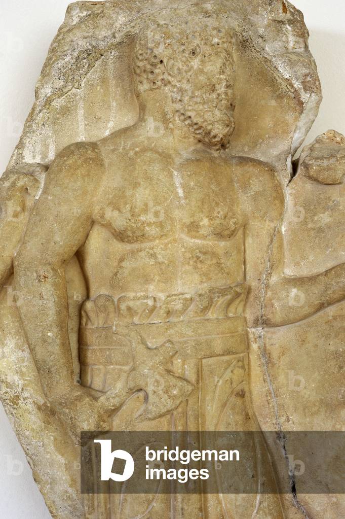 Roman Era, Sacrificial scene, Bearded victimarius leading a bull to sacrifice, Detail, 2n century AD Spain