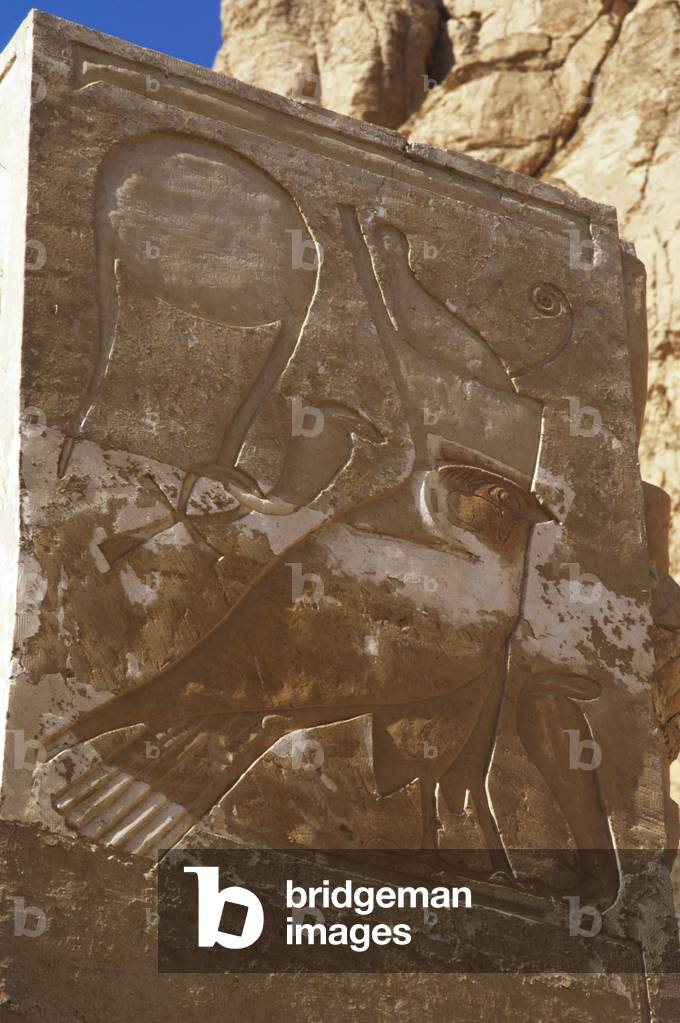 Relief with an inscription in hieroglyphics. Deir el-Bahari. Egypt.