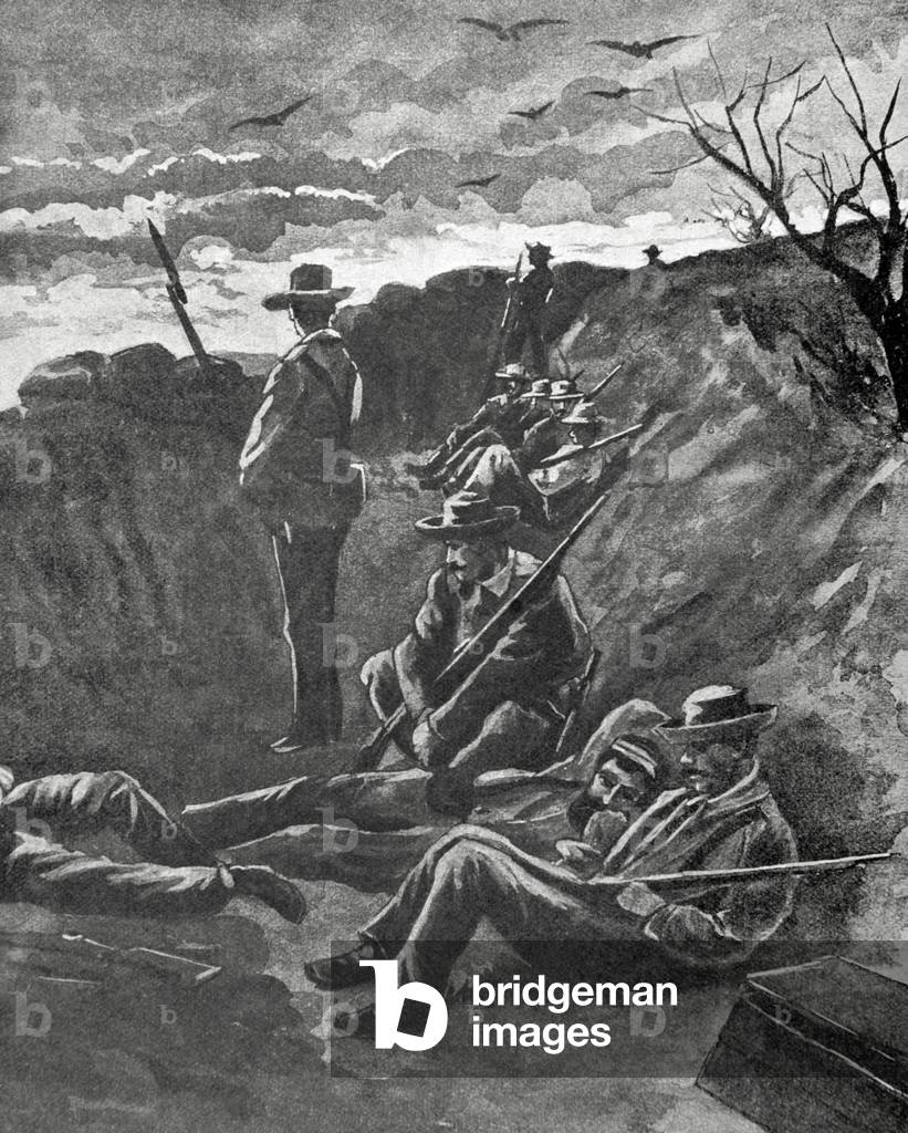 Spanish-American War, 1898, Spanish artillery, Spanish troops in the trenches of Guantanamo (engraving)