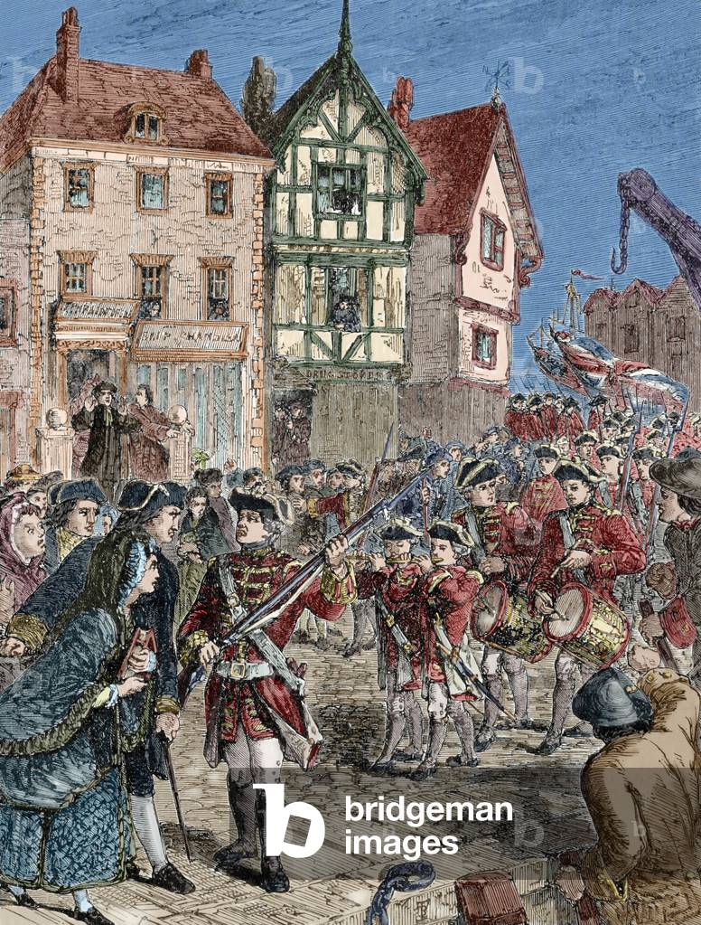 American Revolutionary War (1775-1783), Boston, Citizens hostile with the British soldiers (colour engraving)