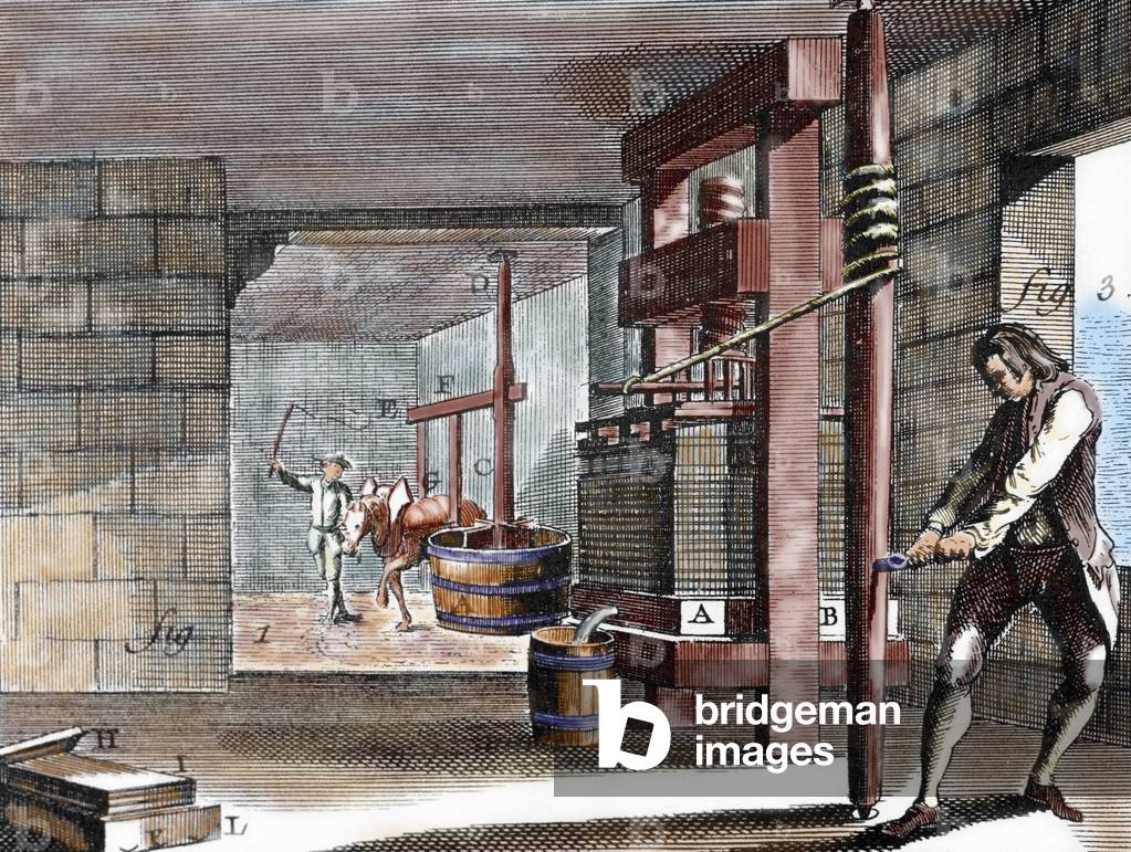 Workshop dedicated to handcrafting the paperboard. Pulping and pressing. 18th Century.