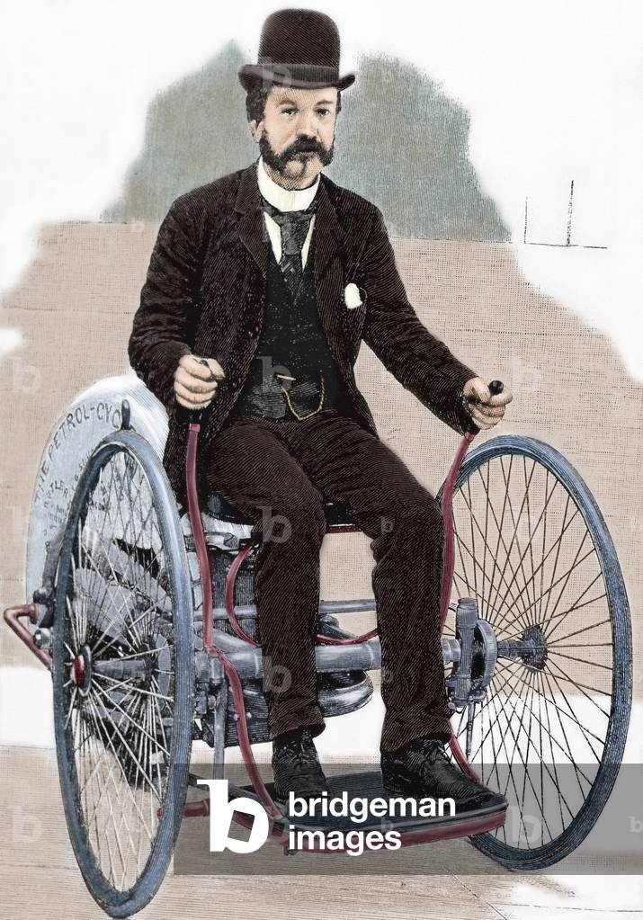 The petrol-cycle. A gasoline engine is installed on a bicycle. United States. Colored engraving. 19th century.