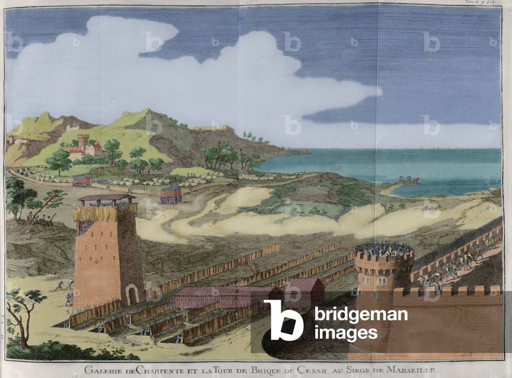 Siege of Marseille, 49 BC. Brick tower of Caesar, 1727 (engraving)