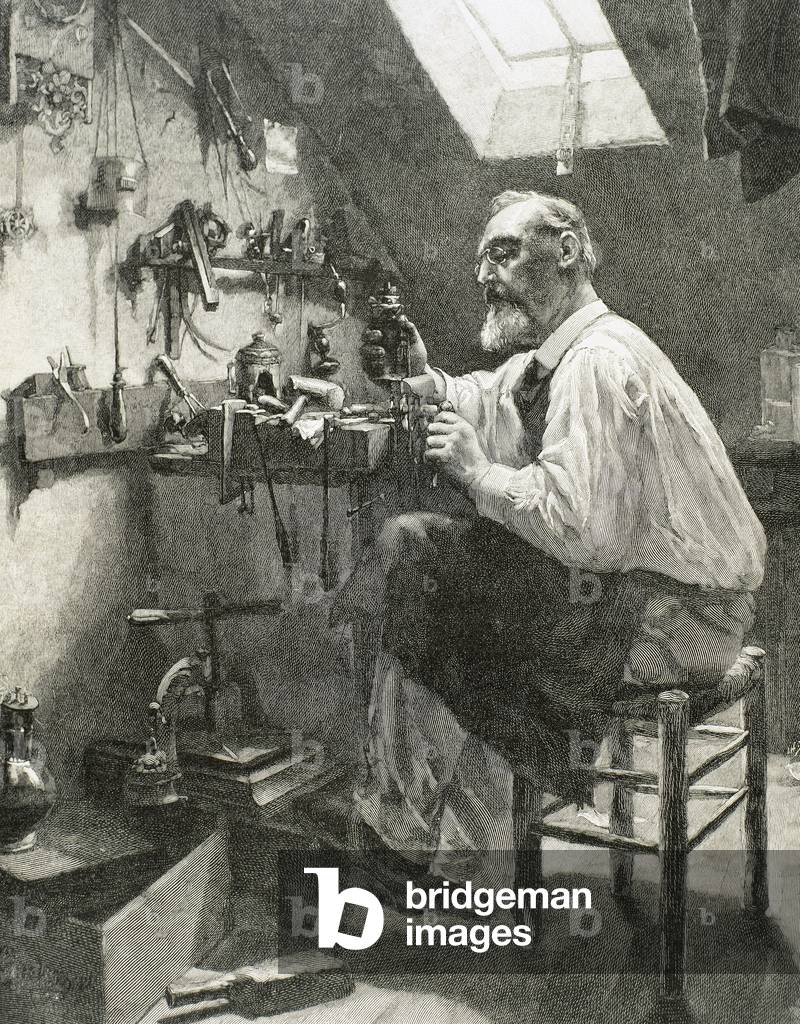 Craftsman in his workshop. Engraving. 19th century.
