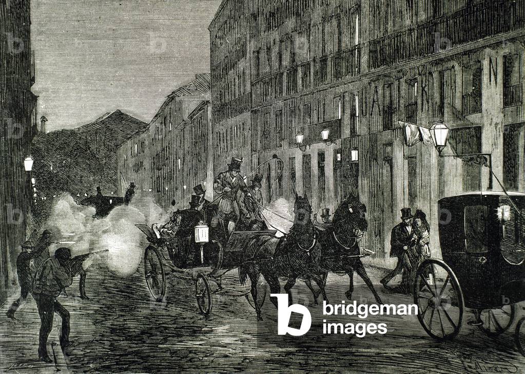 Attack on Isabella II (1830-1904) and King Francis of Spain (1822-1902). Madrid. Spain.