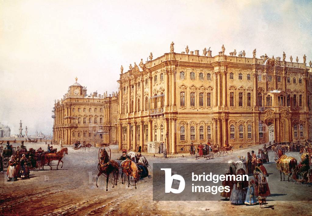 View of the Winter Palace of St. Pertersburg, including the wing of the Hermitage (present-day Hermitage Museum), 1843. Painting by Vasily Sadovnikov (1800-1879).